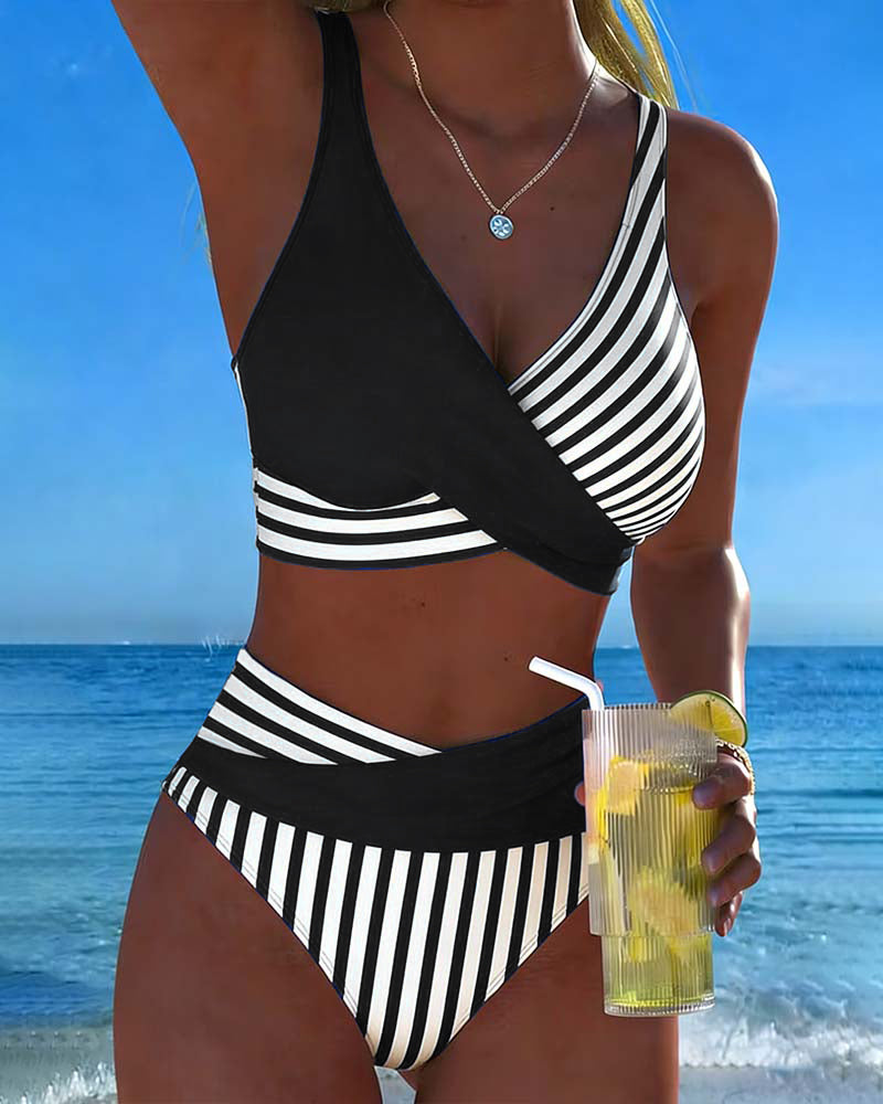 Striped Printed Cross Bikini