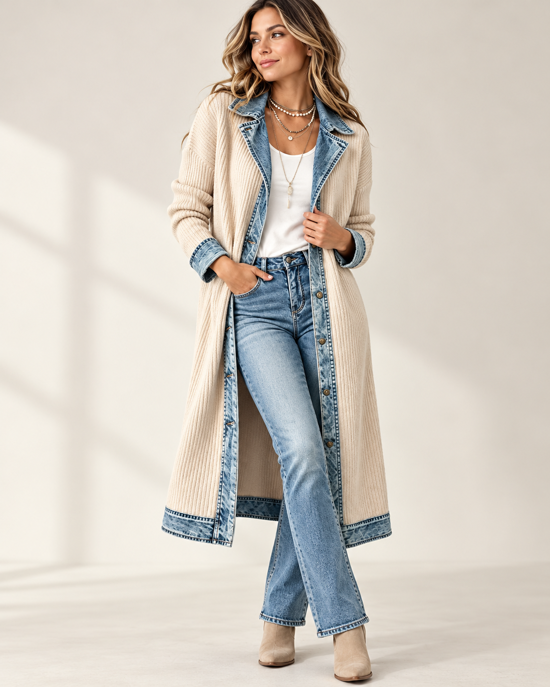 Patricia™ | Long Knit Cardigan with Denim Details