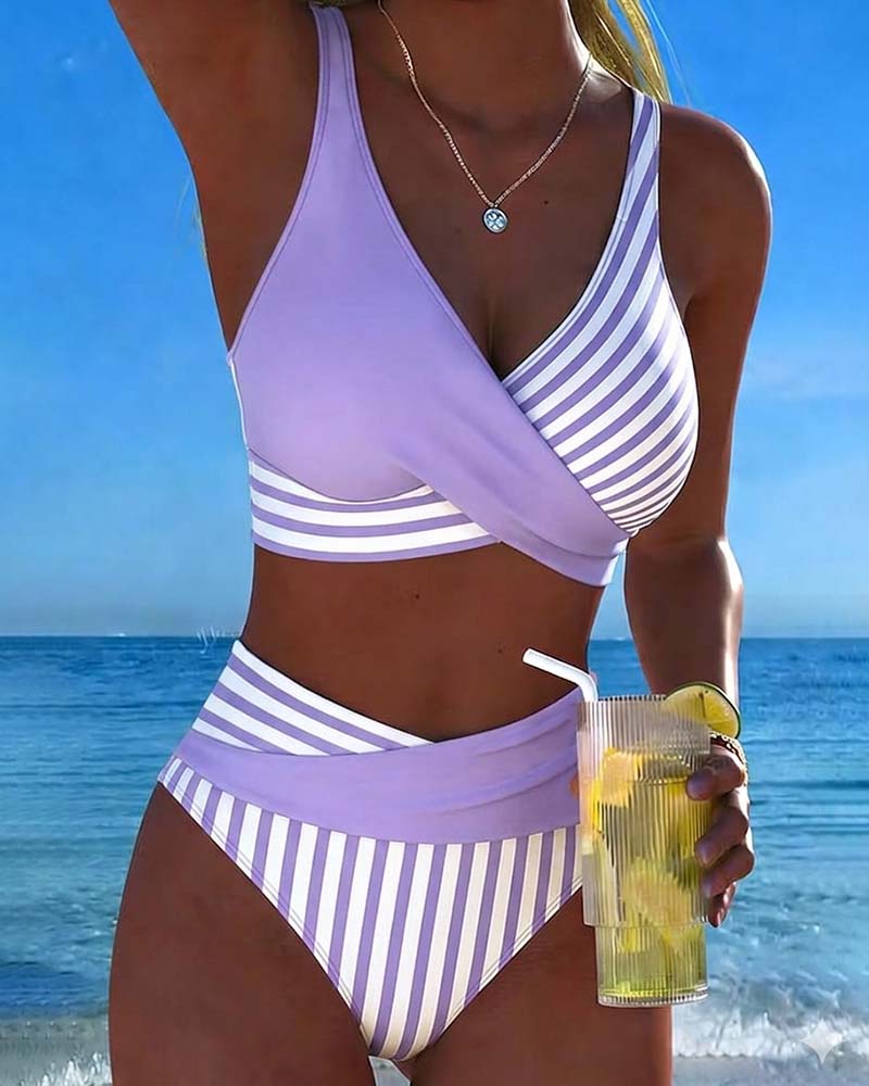Striped Printed Cross Bikini