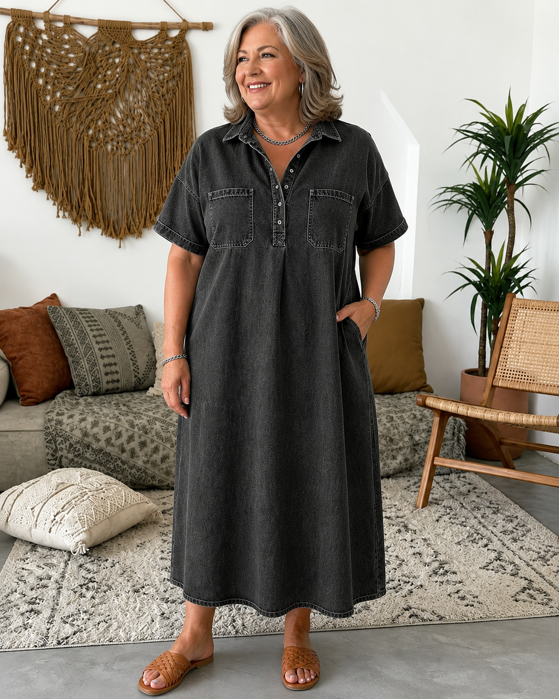 Chelsea™ | Tummy-Covering Denim Shirt Midi Dress