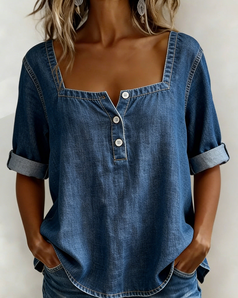 Avélia™ | Square Collar Denim Shirt