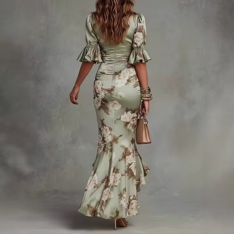 Lucía | Asymmetrical Long Satin Dress with Floral Print