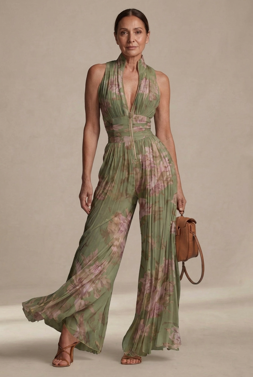 Inés | Pleated Floral Chiffon Jumpsuit