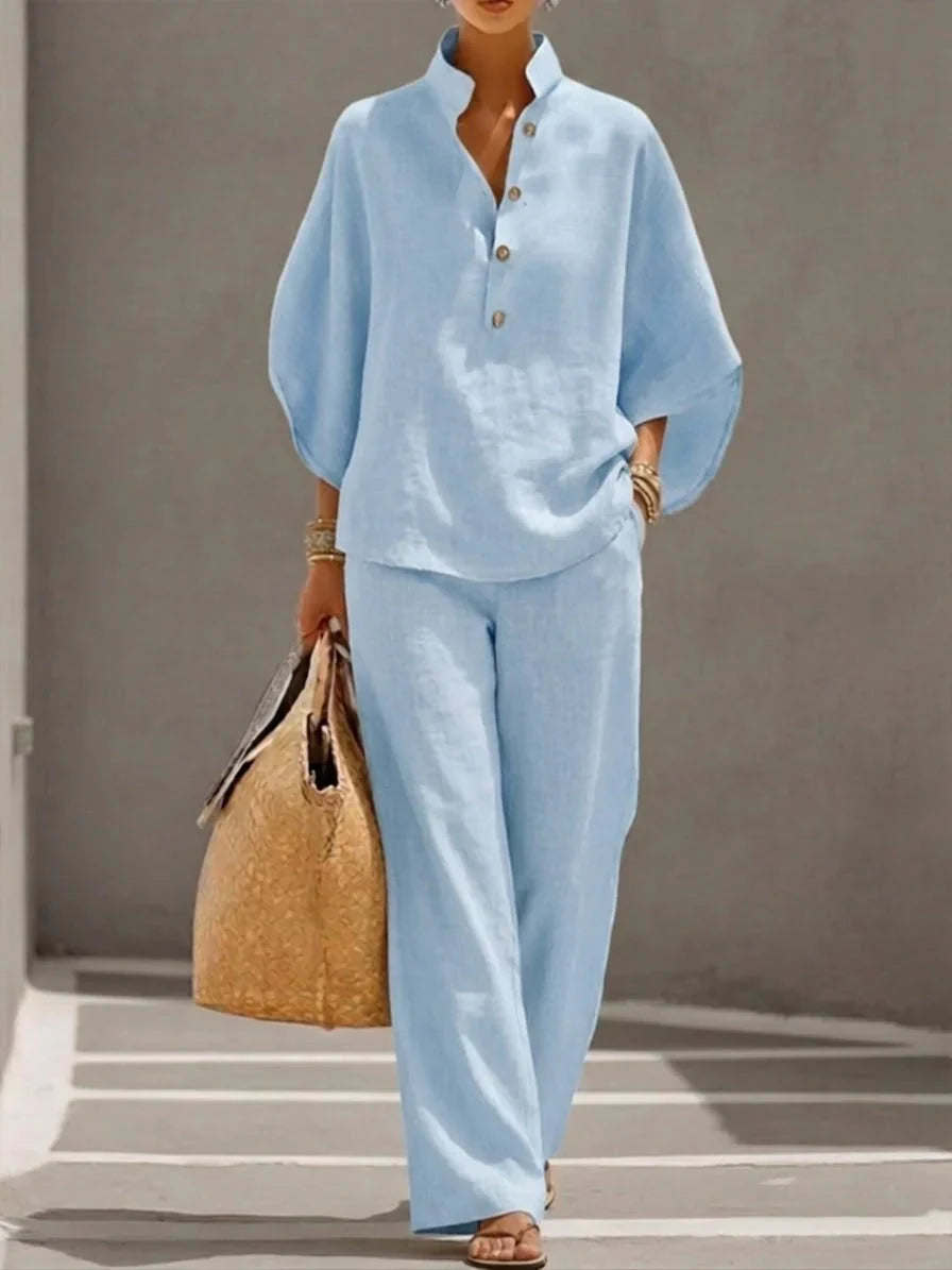 Maribel™ | Linen set with batwing sleeves and wide pants