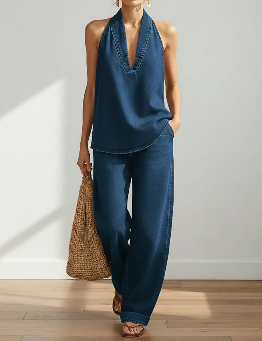 Lena | Relaxed Halter Denim Lounge Set