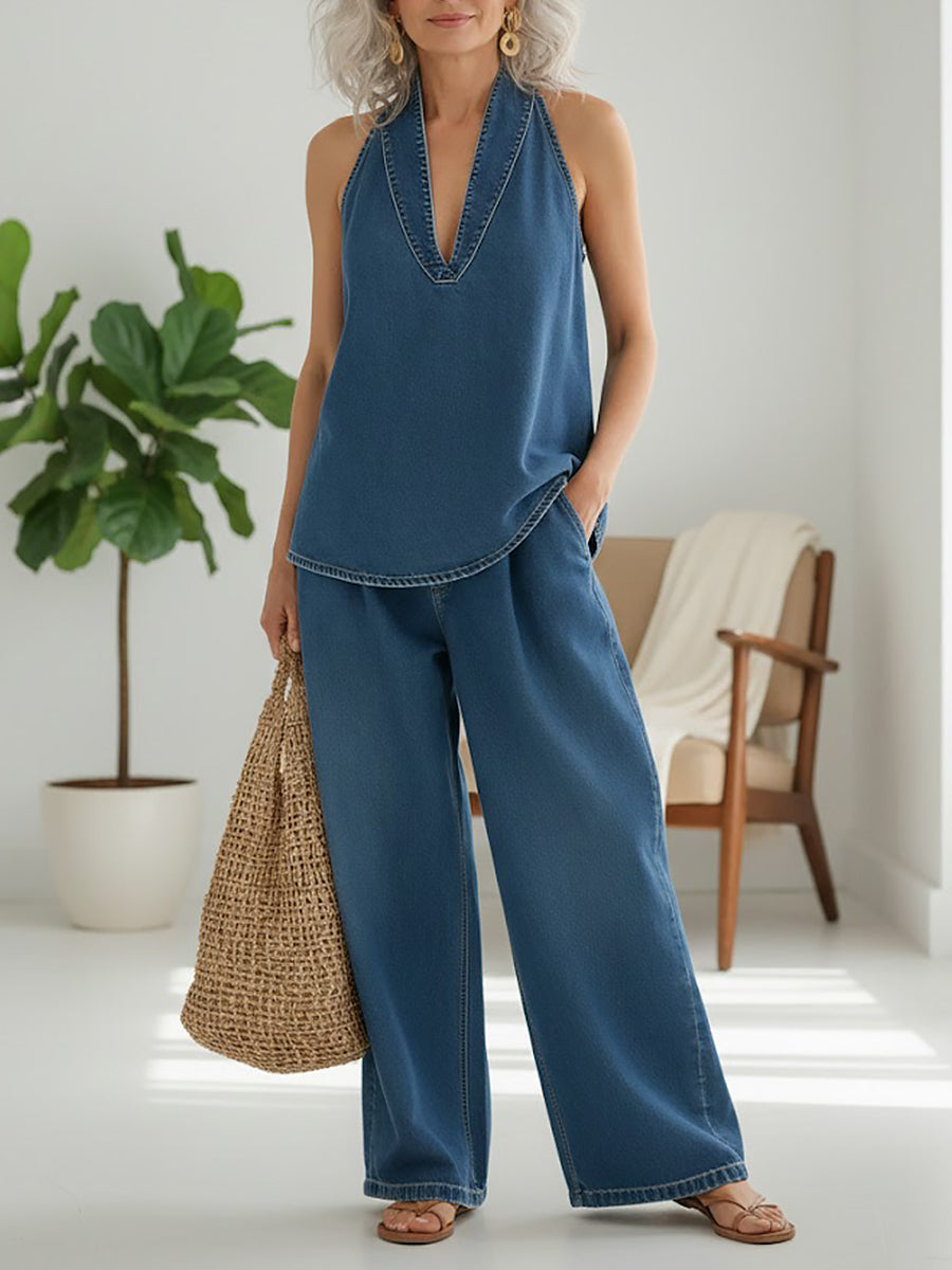 Lena | Relaxed Halter Denim Lounge Set