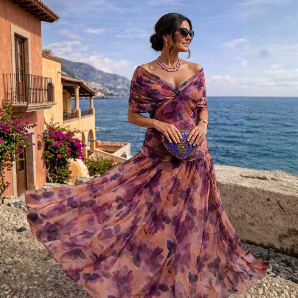Valentina tummy flattering off shoulder maxi dress