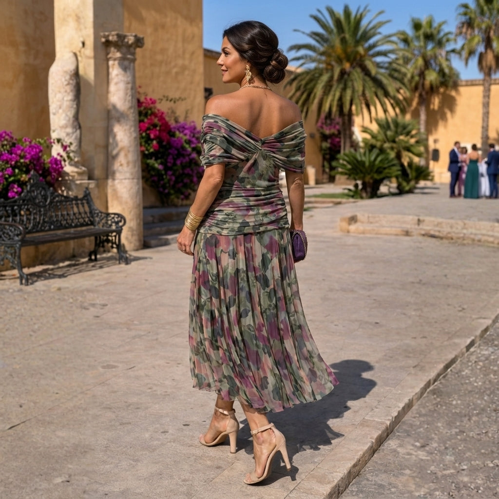 Valentina tummy flattering off shoulder maxi dress