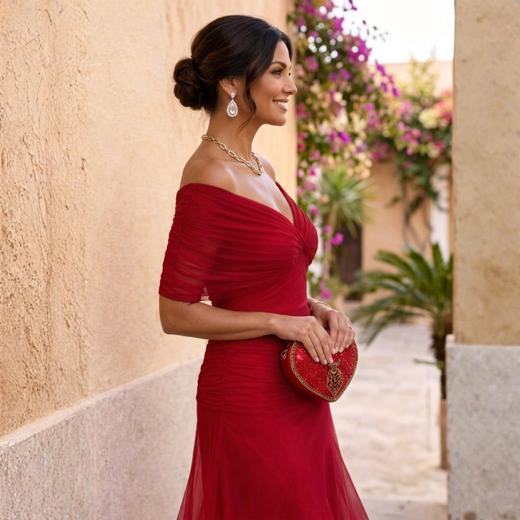 Valentina tummy flattering off shoulder maxi dress